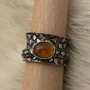 Textured Silver Ring with Oval Amber Stone, Bold Statement Ring